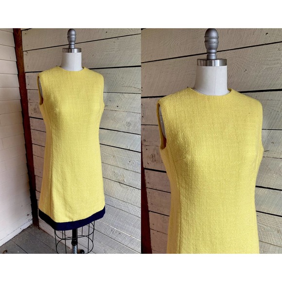 60s yellow sleeveless shift  mod style navy hem - Picture 1 of 7